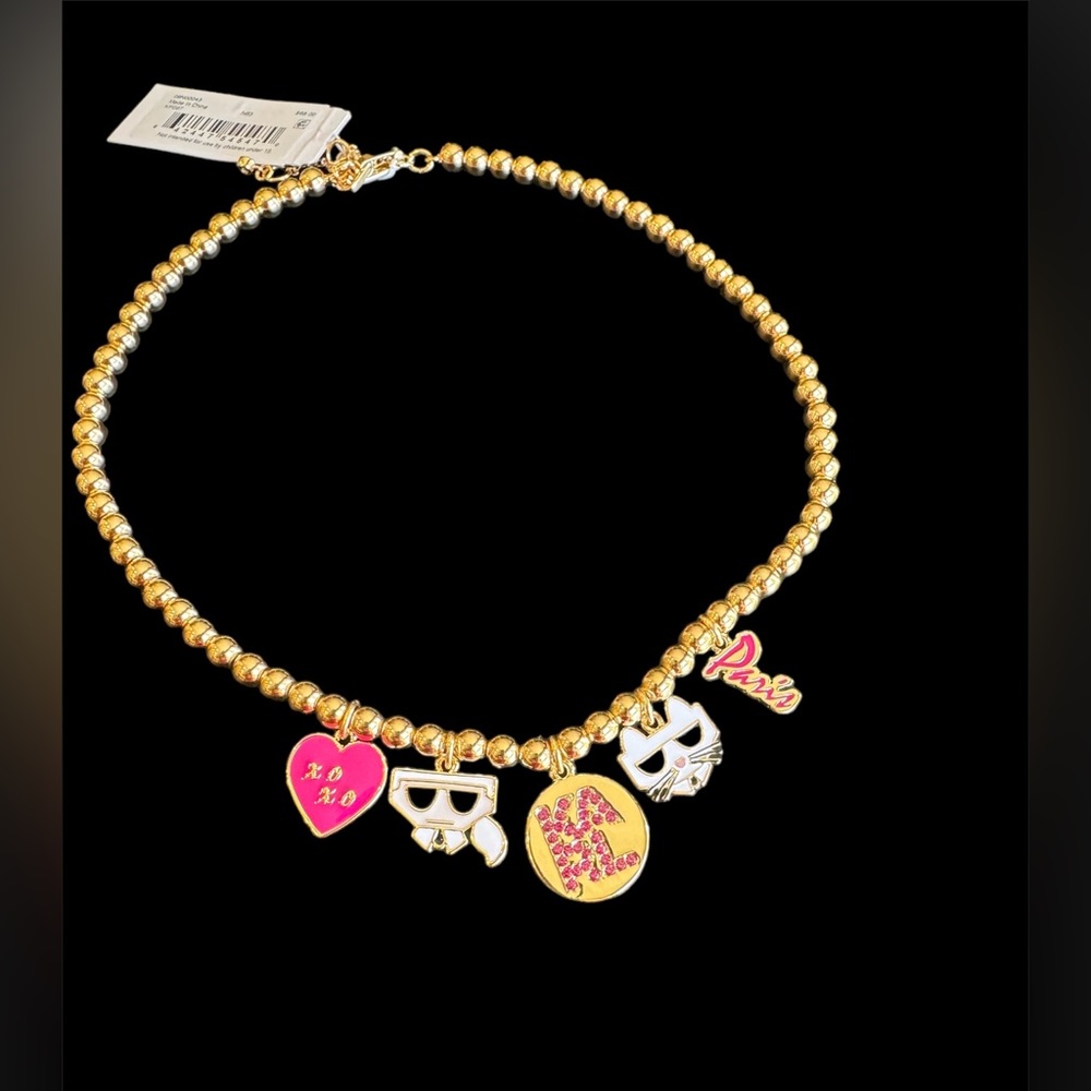 KARL LAGERFELD PARIS Pink/Gold-Tone Charm Beaded Necklace Choupette Cat/Icon NWT